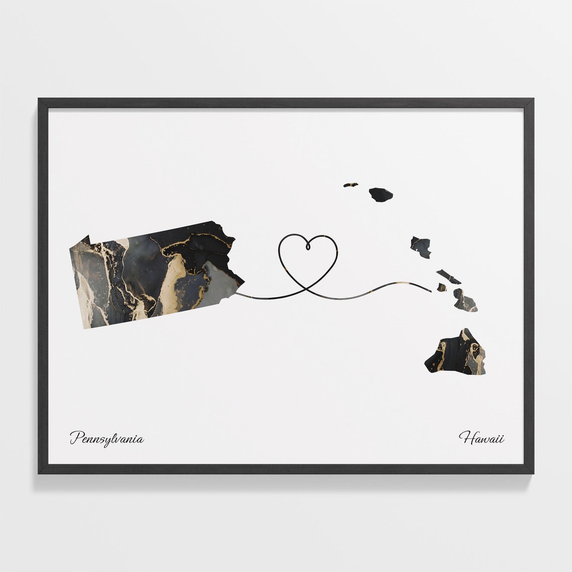 Pennsylvania to Hawaii Long Distance Love Marble Map Art Poster