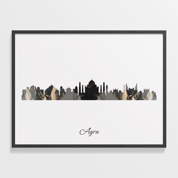 Agra Skyline Black Gold Marble Cityscape India Travel Decor Poster