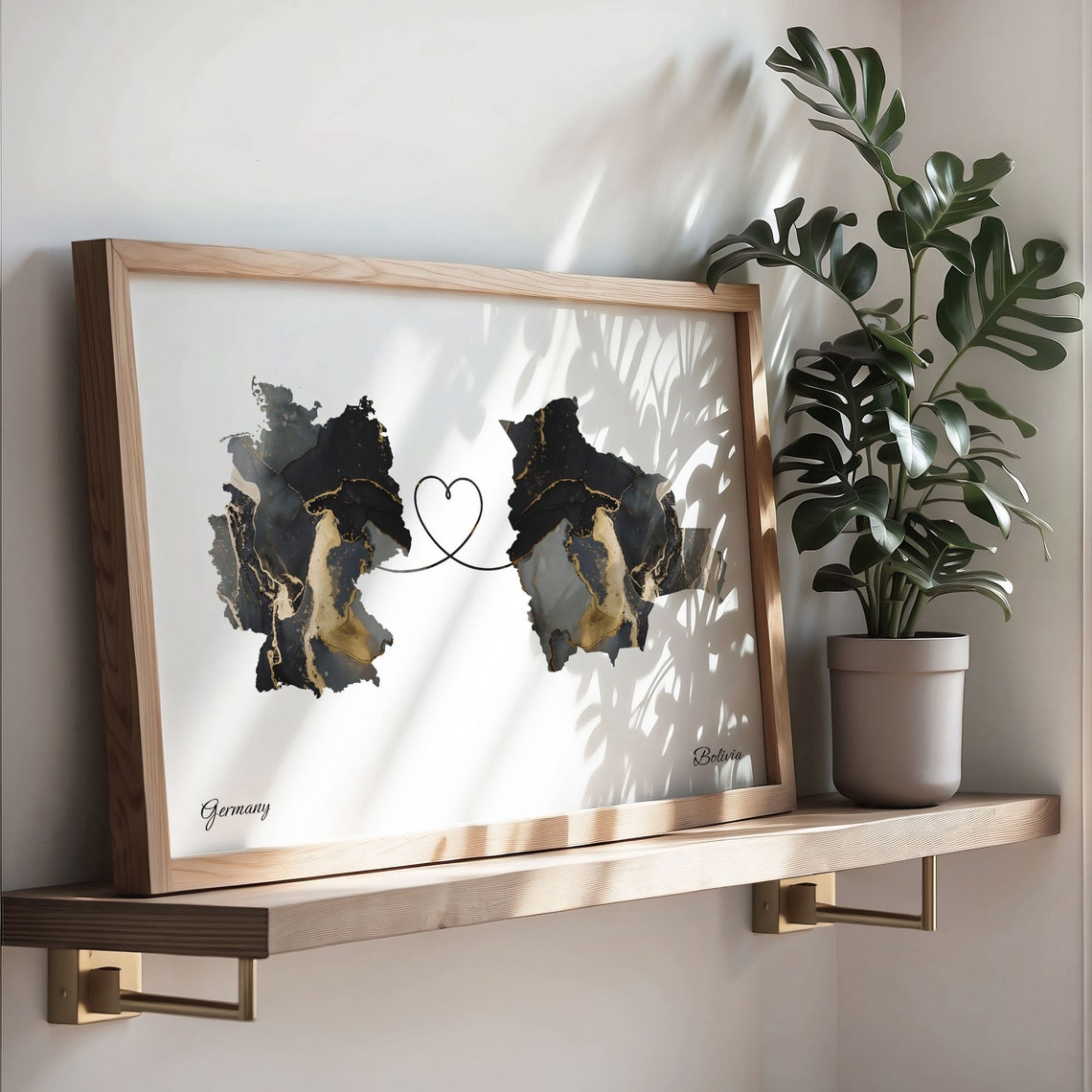 Germany and Bolivia Black and Gold Marble Heart Connection Map Poster - Image 3