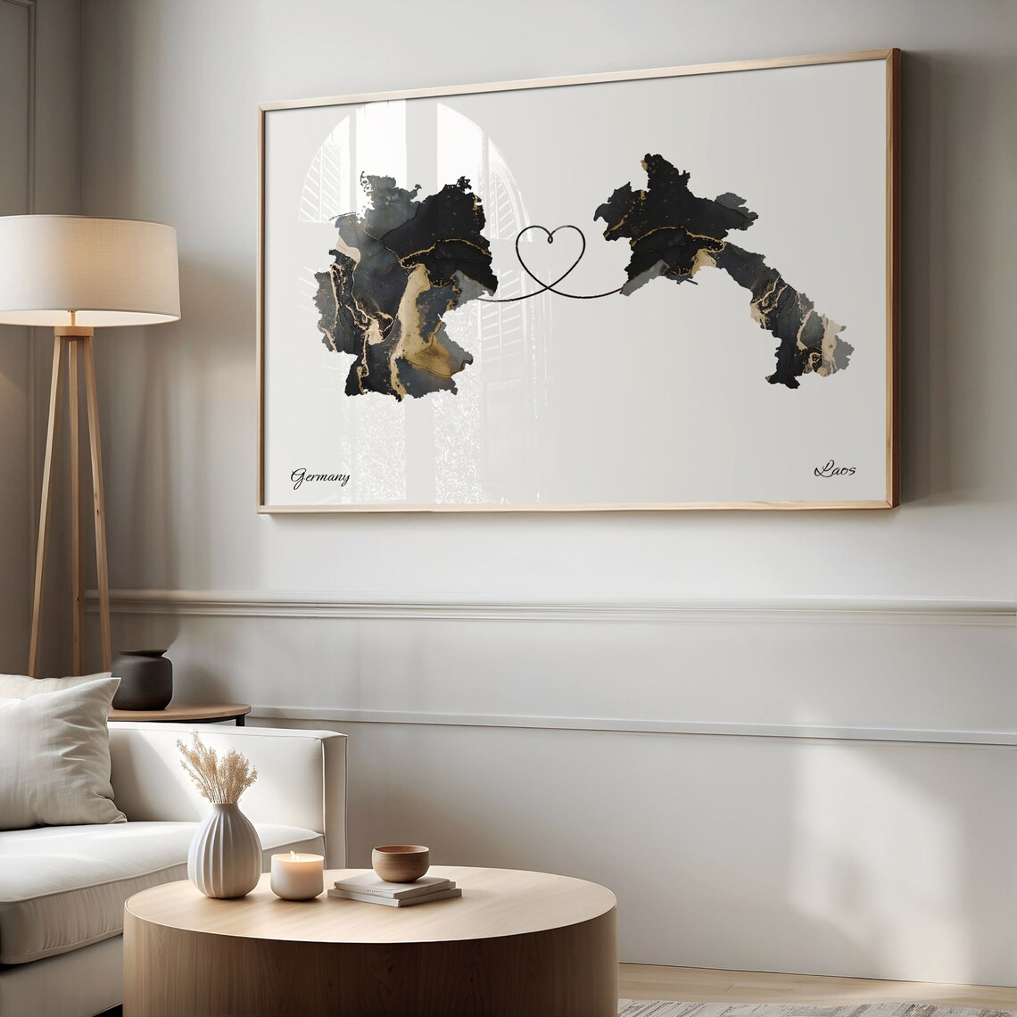 Germany and Laos Marble Heart Connected Countries Map Poster - Image 2
