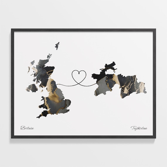 Britain and Tajikistan Heart Connection Black and Gold Marble Poster