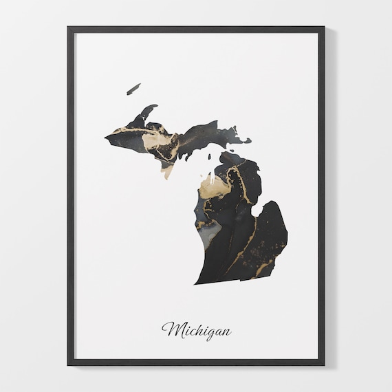 Michigan State Map Black Gold Marble Elegant Wall Decor Poster