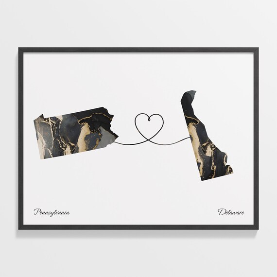 Pennsylvania to Delaware Marble State Map Heart Long Distance Connection Poster