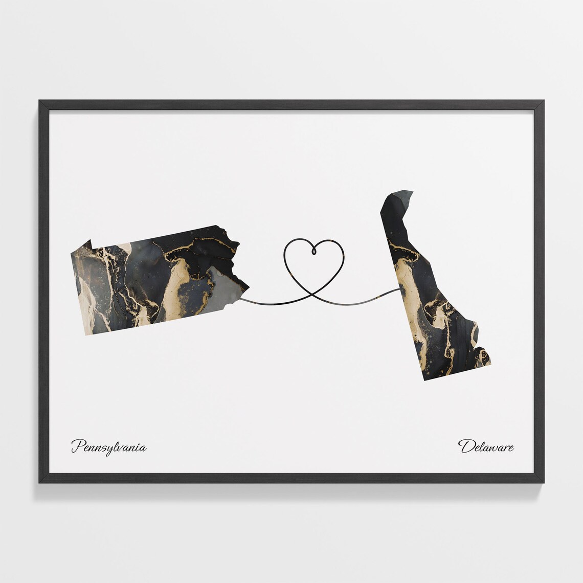 Pennsylvania to Delaware Marble State Map Heart Long Distance Connection Poster