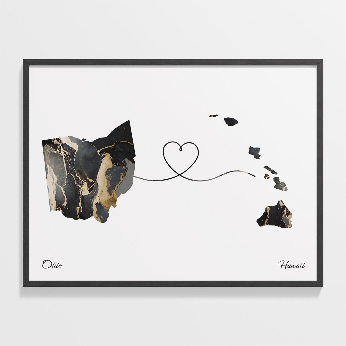 Ohio To Hawaii Marble Map Heart Poster Long Distance Travel Love Gift