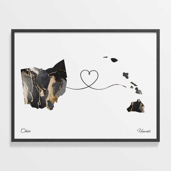 Ohio To Hawaii Marble Map Heart Poster Long Distance Travel Love Gift