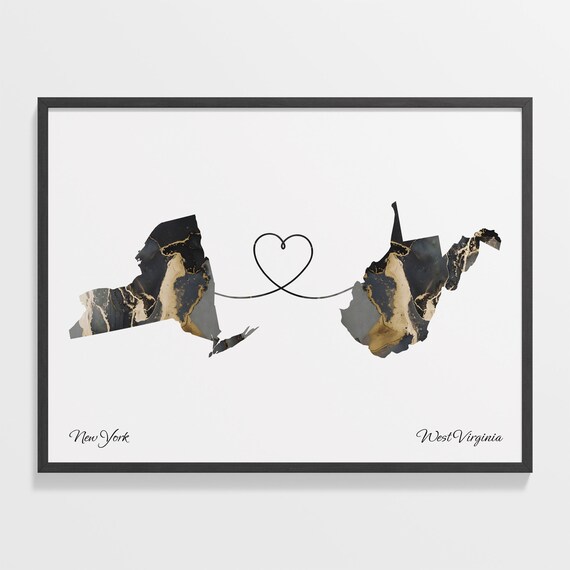 New York West Virginia Marble State Map Poster Two State Connection Gift