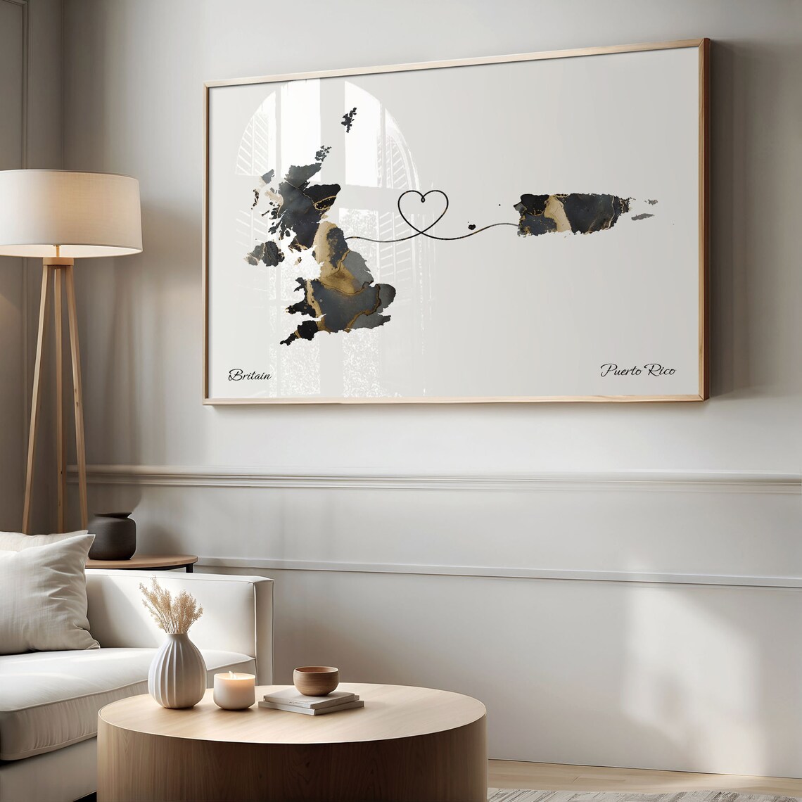 Britain and Puerto Rico Heart Connection Black and Gold Marble Poster - Image 2
