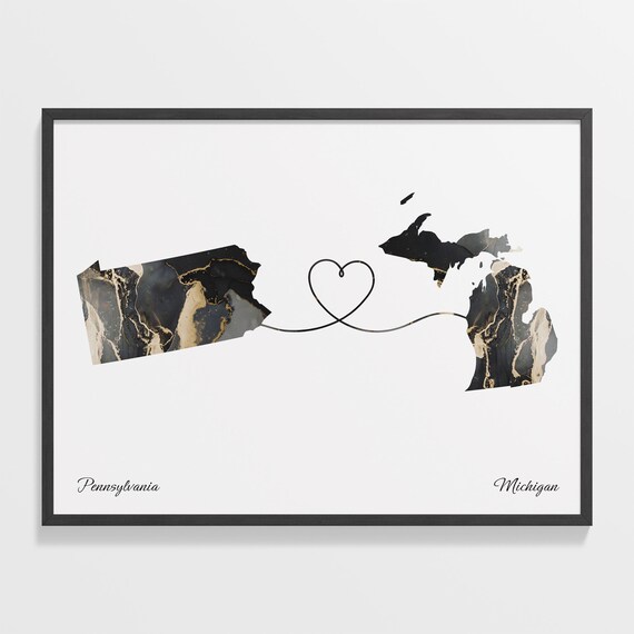 Pennsylvania To Michigan Marble Map Heart Print Long Distance Gift