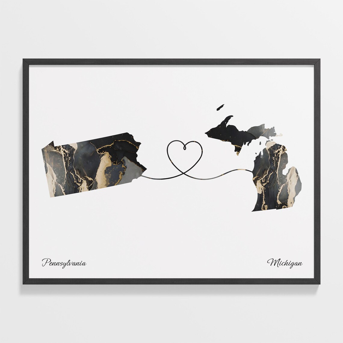Pennsylvania To Michigan Marble Map Heart Print Long Distance Gift