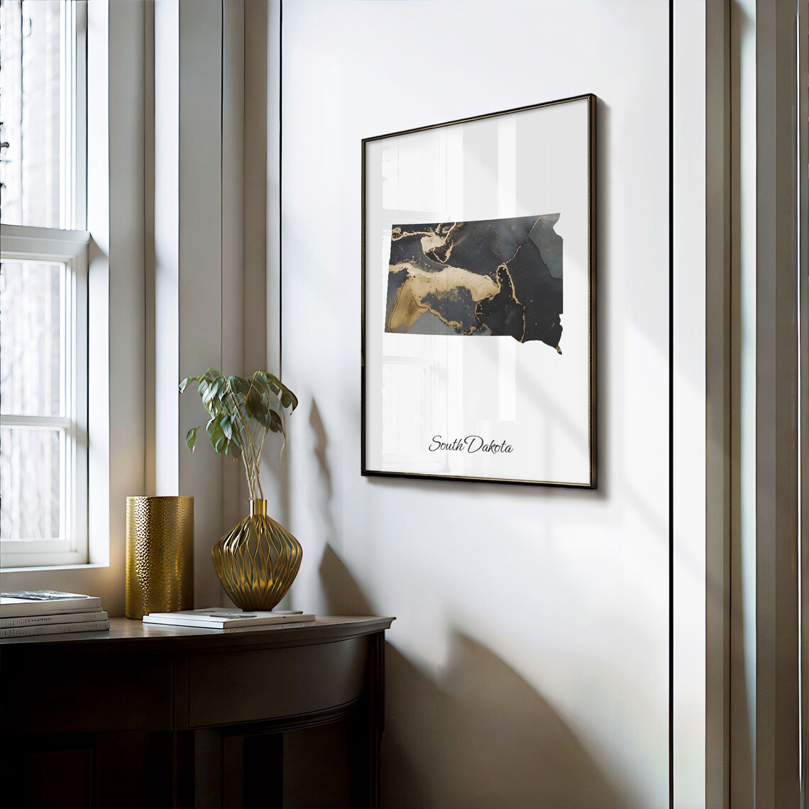 South Dakota Black And Gold Marble Map Minimalist Art Poster - Image 3