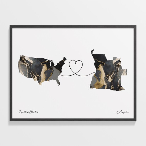 United States To Angola Marble Heart Map Two Country Long Distance Gift Poster