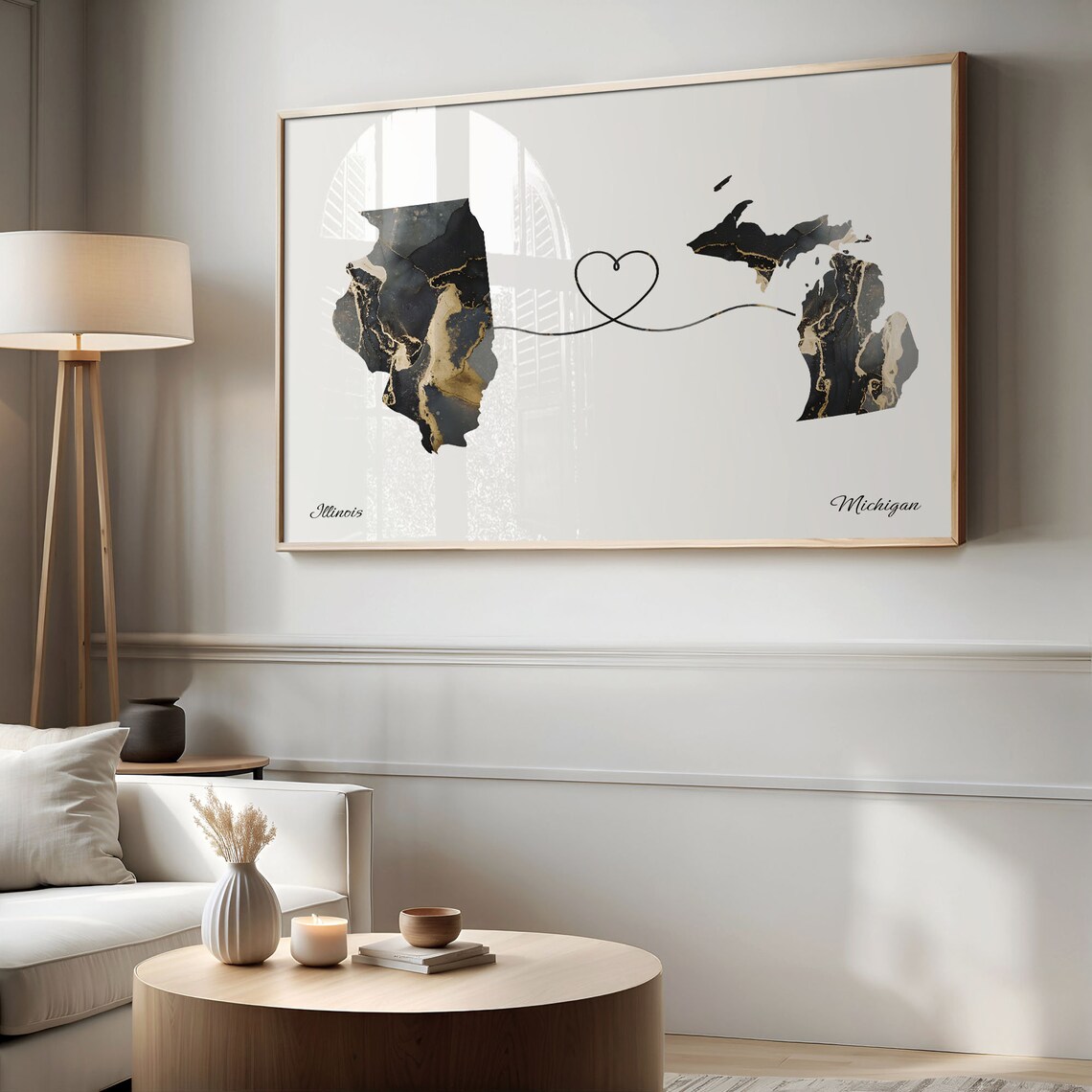Illinois Michigan Black and Gold Heart Long Distance Map Poster - Image 2