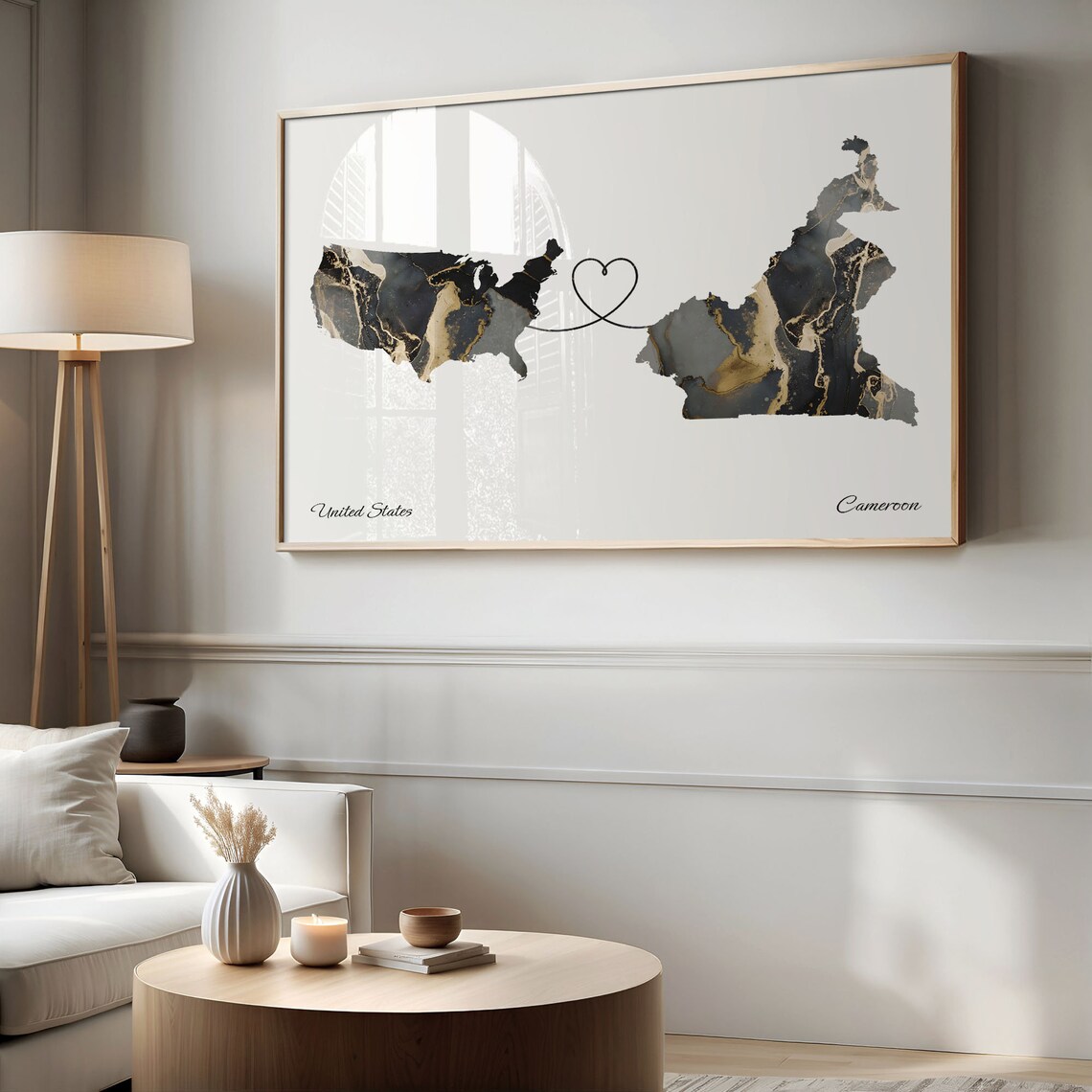 United States and Cameroon Marble Map Heart Long Distance Poster - Image 2