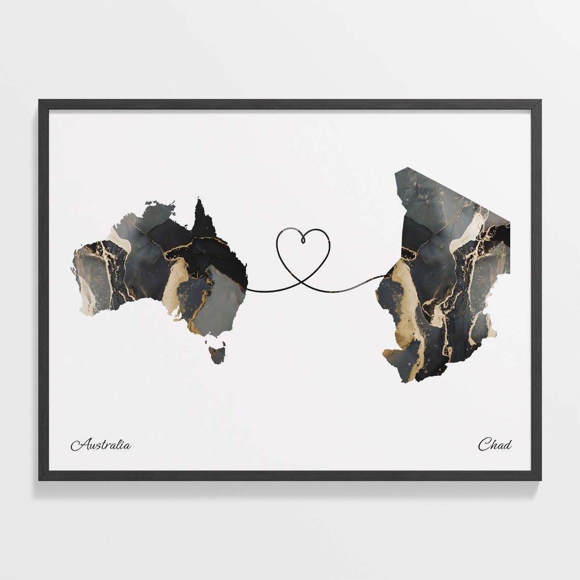 Australia and Chad Two Countries Black Gold Marble Map Poster
