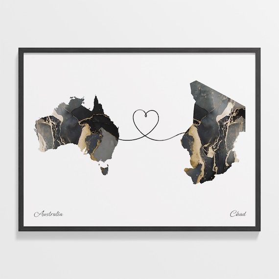 Australia and Chad Two Countries Black Gold Marble Map Poster
