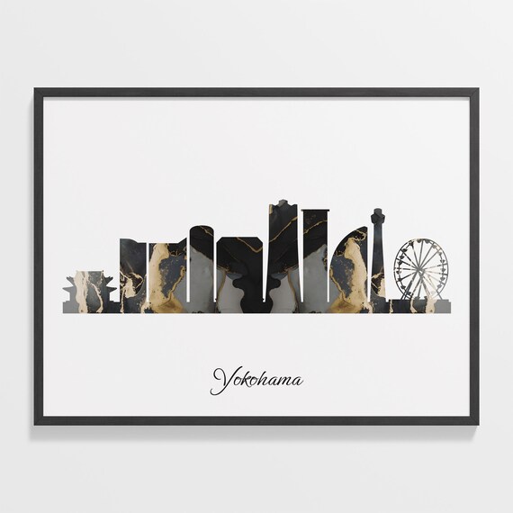 Yokohama Skyline Black Gold Marble Cityscape Japan Travel Decor Poster