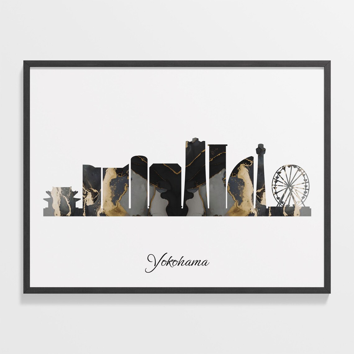 Yokohama Skyline Black Gold Marble Cityscape Japan Travel Decor Poster