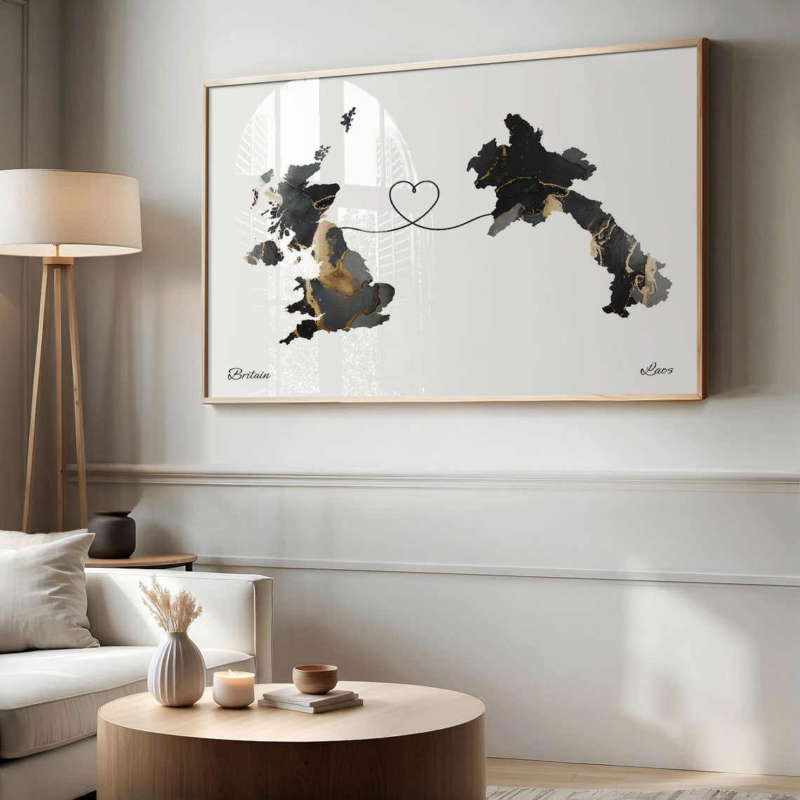 Britain to Laos Modern Black Gold Marble Map Heart Line Art Poster - Image 2