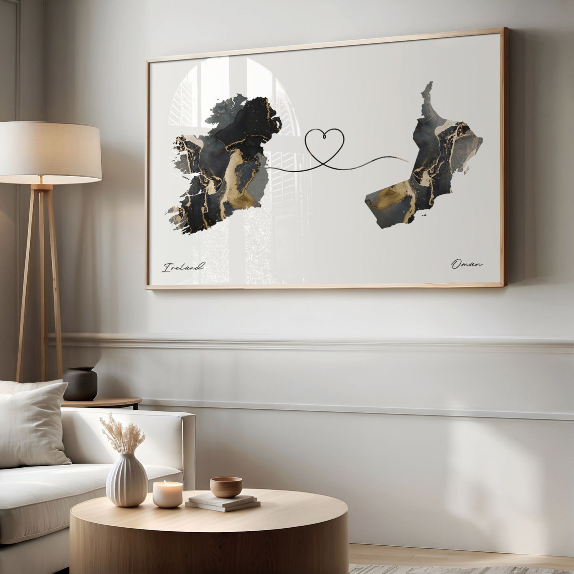 Ireland and Oman Black and Gold Marble Two Countries Map Poster - Image 2