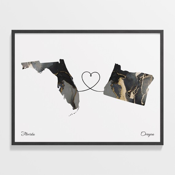Florida to Oregon Marble State Map Heart Long Distance Connection Poster