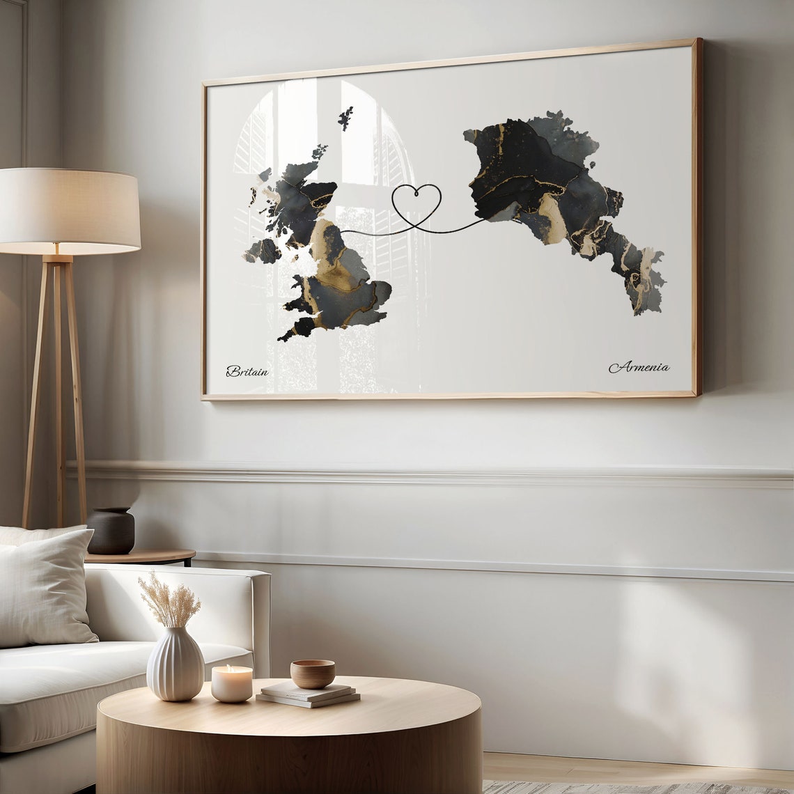 Britain To Armenia Long Distance Marble Map Heart Print Gift Art - Image 2