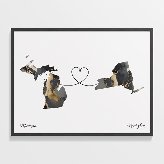 Michigan to New York Marble State Map Heart Love Gift Poster