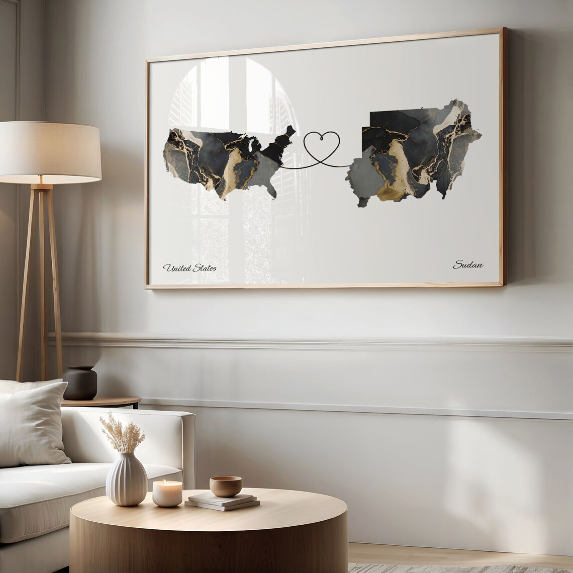 United States to Sudan Heart Connected Long Distance Marble Map Poster - Image 2