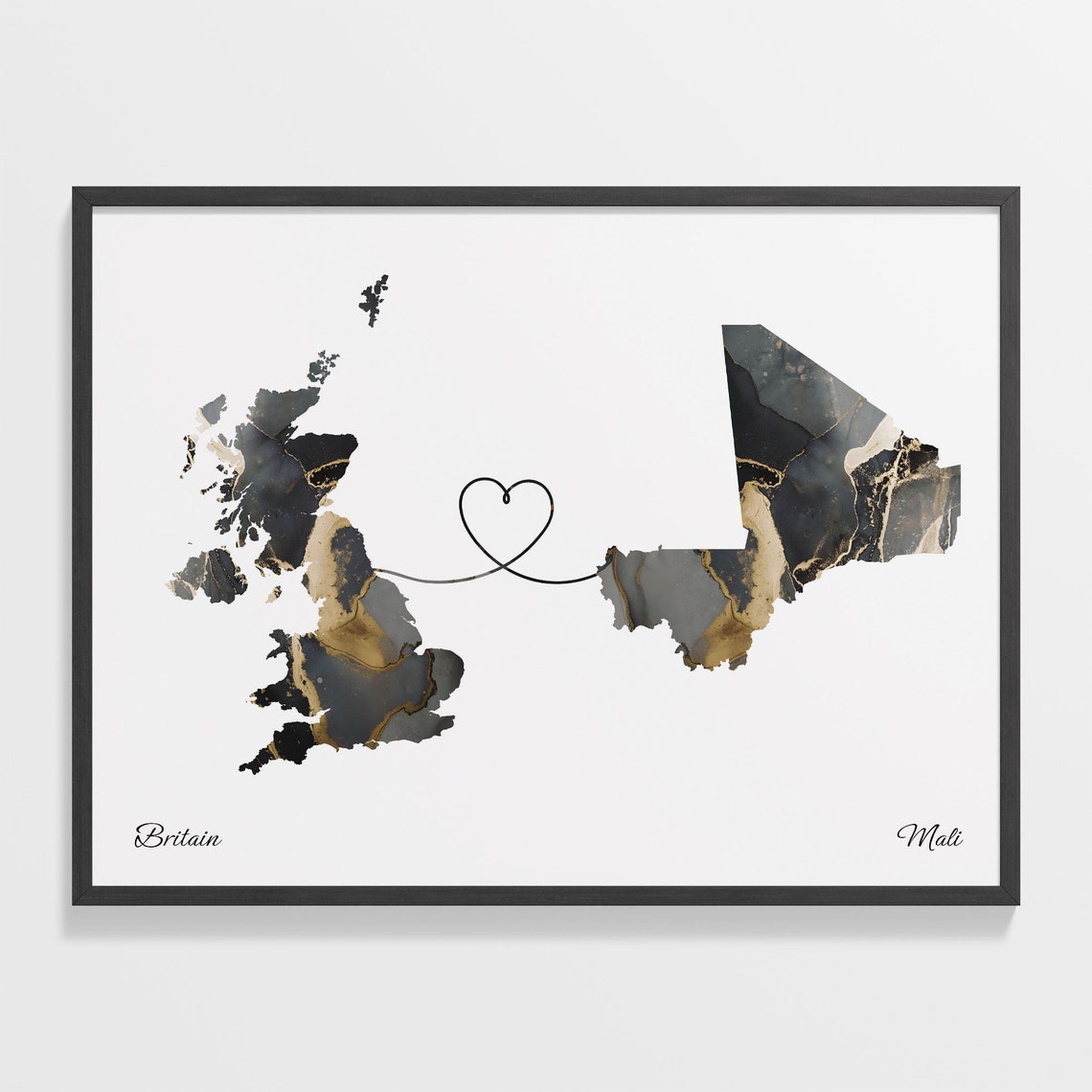 Britain and Mali Heart Connection Black and Gold Marble Poster