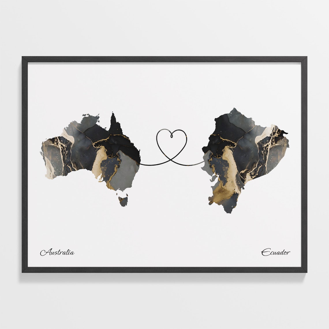 Australia and Ecuador Black Marble Heart Connection Map Poster