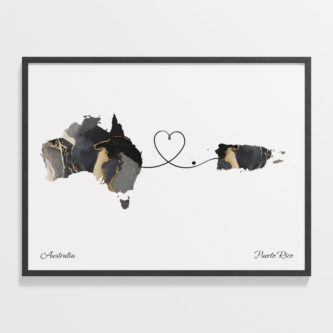 Australia and Puerto Rico Black Gold Marble Map Heart Connection Poster