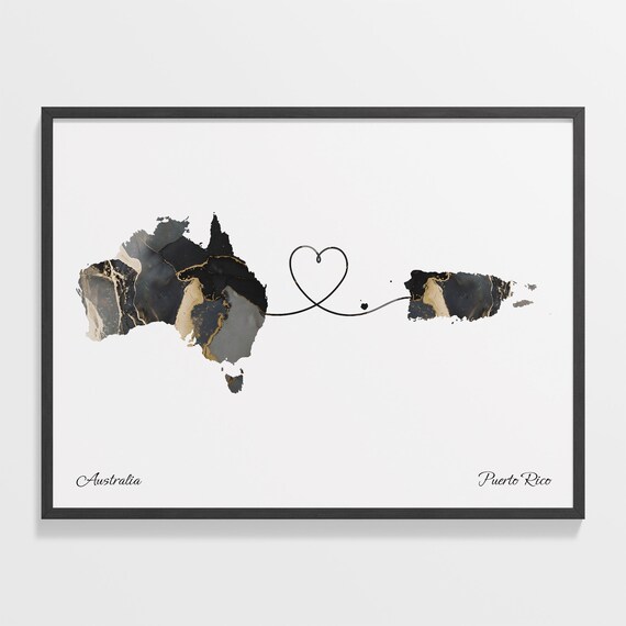 Australia and Puerto Rico Black Gold Marble Map Heart Connection Poster