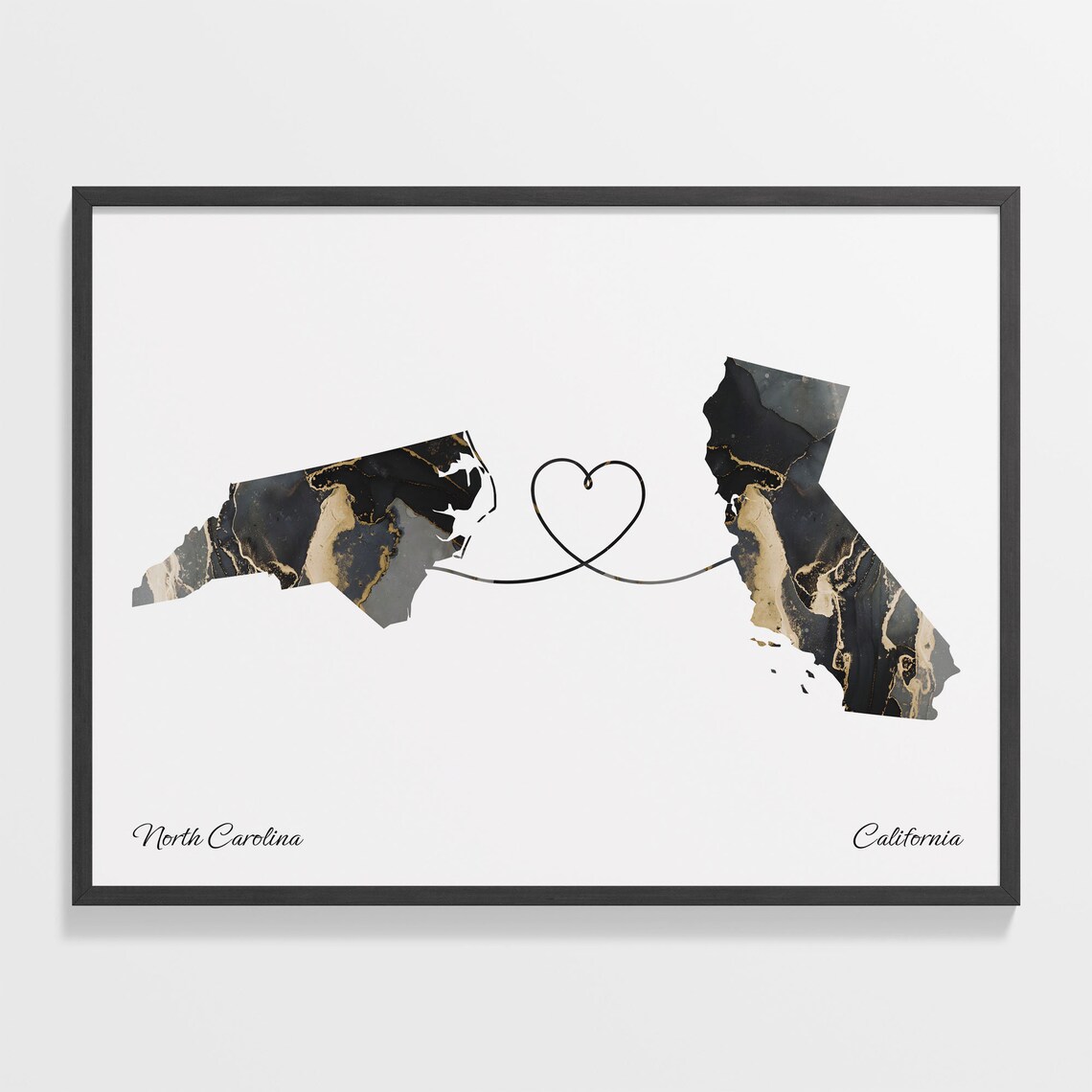 North Carolina California Long Distance Love Black Gold Marble Map Poster