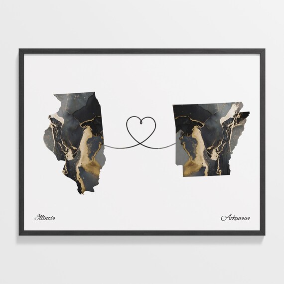 Illinois to Arkansas Long Distance Love Marble Map Art Poster