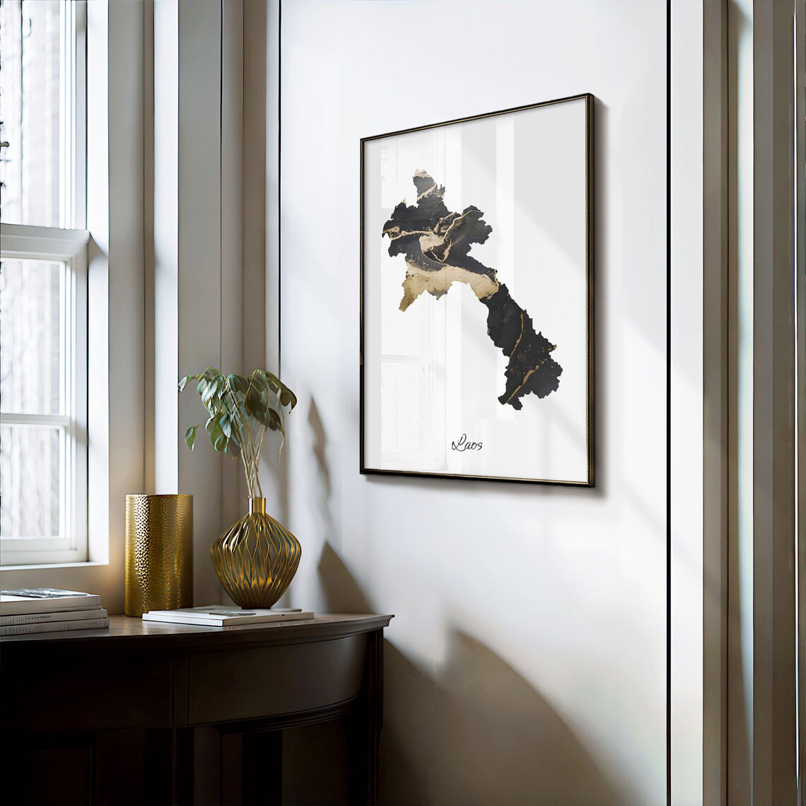 Laos Modern Black Gold Marble Country Map Office Wall Decor Art Poster - Image 3