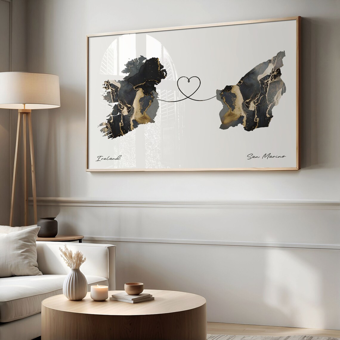 Ireland To San Marino Elegant Black Marble Two Country Heart Map Poster - Image 2