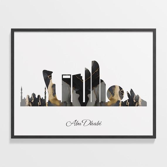 Abu Dhabi Black Marble Skyline Mosque Poster Modern Cityscape Art