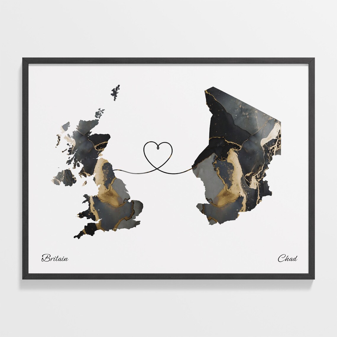 Britain to Chad Heart Connected Long Distance Marble Map Poster