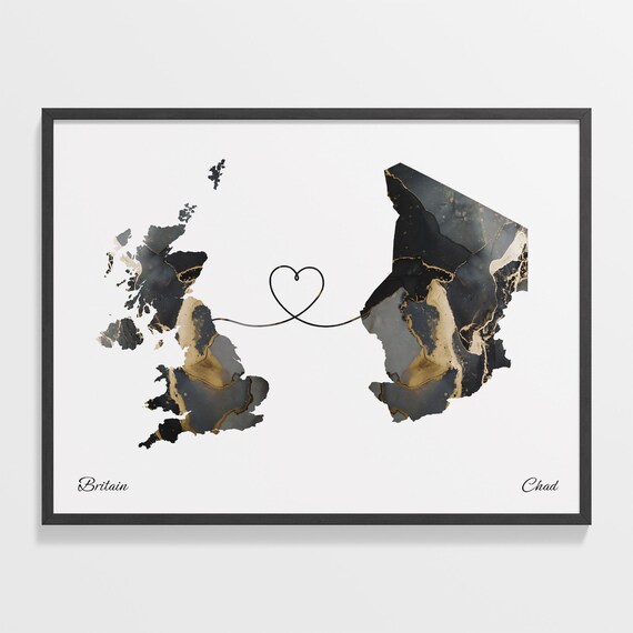 Britain to Chad Heart Connected Long Distance Marble Map Poster