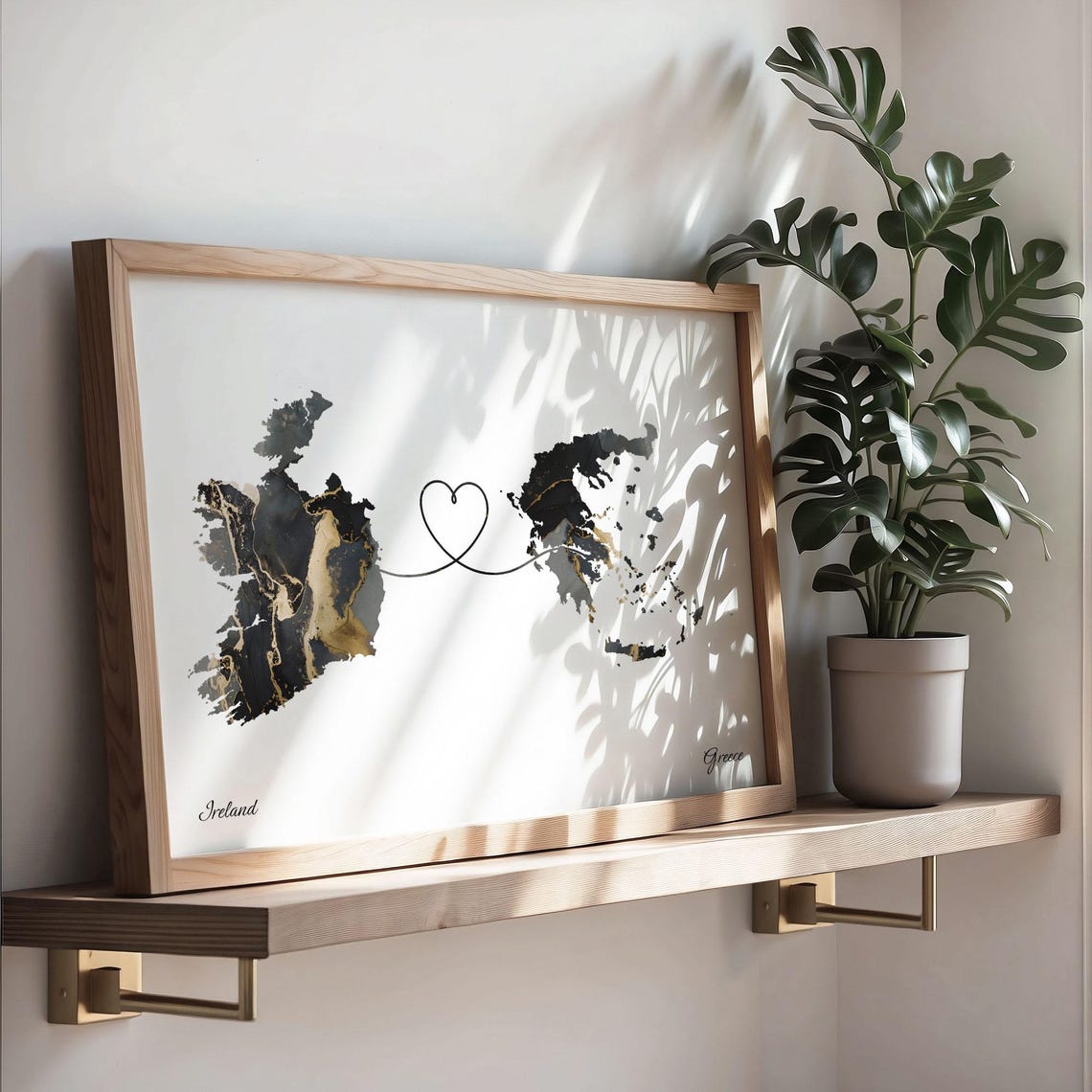Ireland and Greece Black Gold Marble Heart Connection Map Poster - Image 3