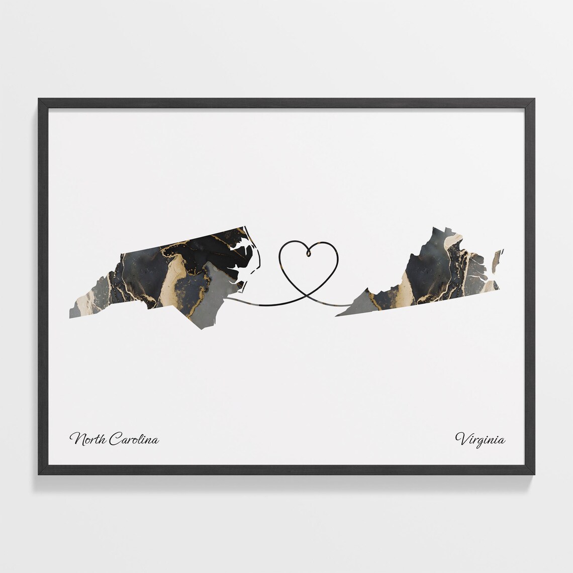 North Carolina Virginia Black Gold Marble Map Art Heart Connection Poster