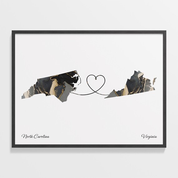 North Carolina Virginia Black Gold Marble Map Art Heart Connection Poster