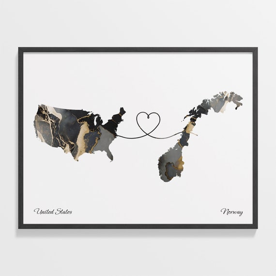USA to Norway Map Print, Travel Poster