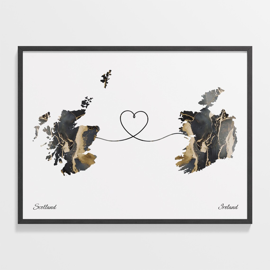 Scotland Ireland Long Distance Love Black Gold Marble Map Poster