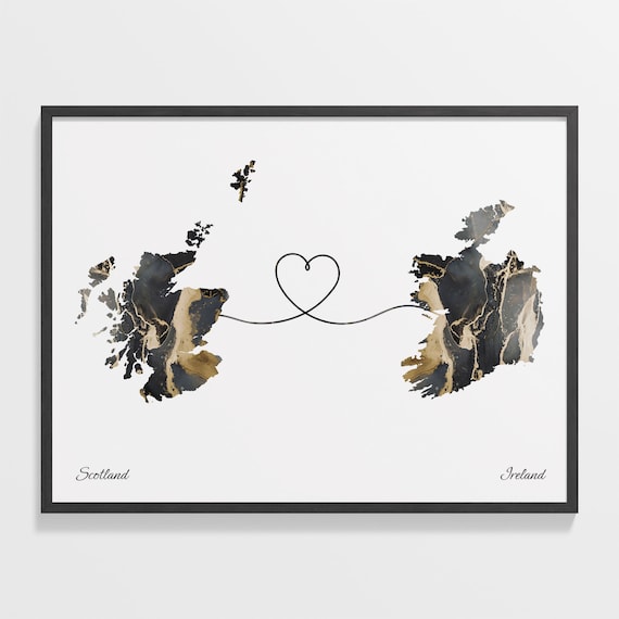 Scotland Ireland Long Distance Love Black Gold Marble Map Poster
