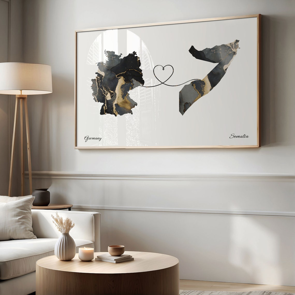 Germany to Somalia Black Gold Marble Heart Map Art Wall Poster - Image 2