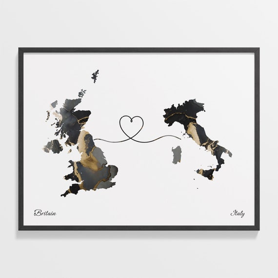 Britain to Italy Map Poster, Global Love Travel Print