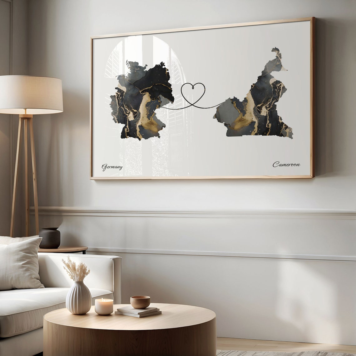 Germany To Cameroon Heart Linked Marble Map Love Connection Poster - Image 2