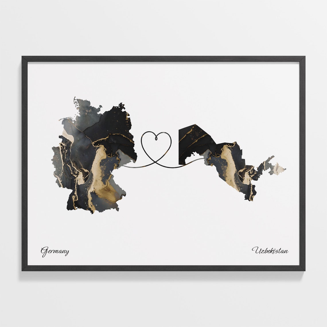 Germany To Uzbekistan Long Distance Marble Map Heart Print Art