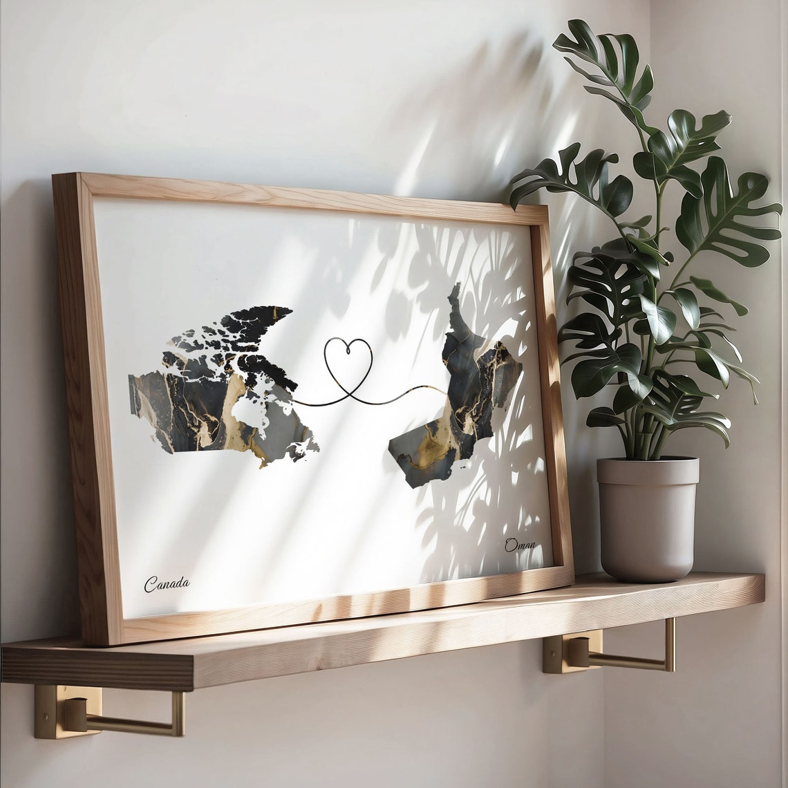 Canada to Oman Black Gold Marble Heart Connection Map Poster - Image 3